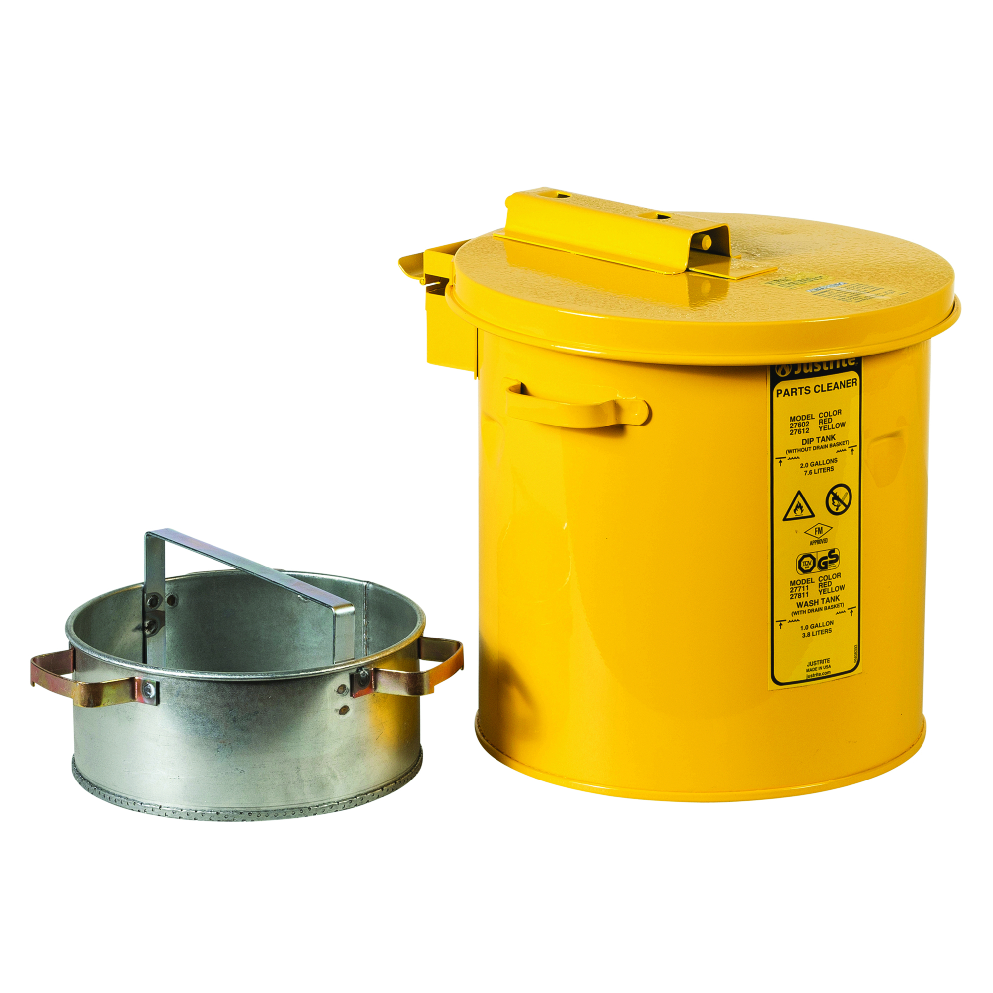 Justrite Wash Tank with Basket — 1 Gallon, Steel, Self-Close Cover, Fusible Link, Yellow, Model# 27811